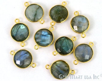 Natural Labradorite, Round Shape 10mm Bezel Connector, Gold Plated Connector, Double Bail, Bezel Setting, Jewelry Supply, (LB-10155)