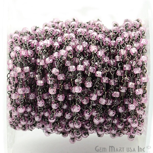 Pink Zircon beads, 2.5-3mm Oxidized wire wrapped Rosary Chain for Making Jewelry GemMartUSA (BPPK-30050)