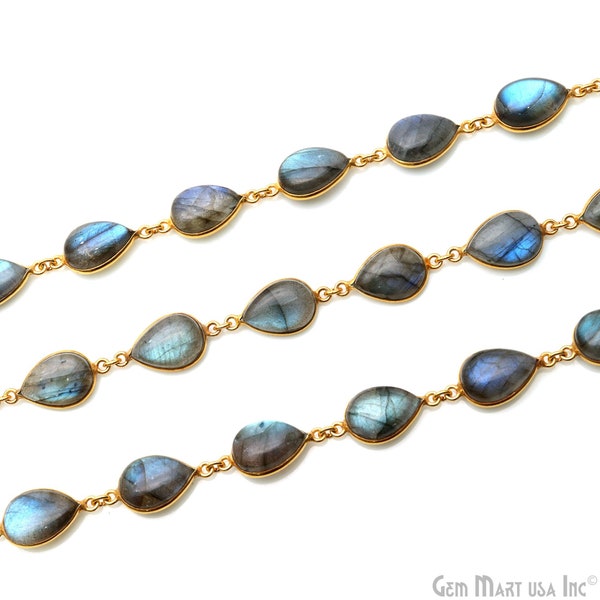 Labradorite Cabochon Beads Chain, 10x14mm Pear Shape Labradorite Connectors, Smooth Gemstone Beads Gold Plated Chain, GemMartUSA, GPLB-20093