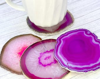 Pink Agate Slice Coaster, Natural Gemstone Coaster, Rock & Crystal Coaster, Organic/Silver/Gold Plated Drinkware, GemMartUSA (PKCO)
