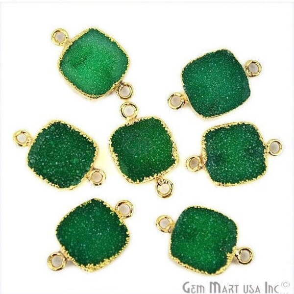 22k Gold Electroplated Green Druzy Connector, 12mm Square Shape Druzy Gemstone Connector Pendant GemMartUSA (ZEG-11159)