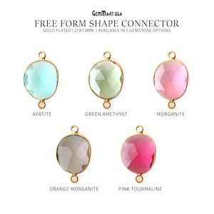 May include: Five gold-plated connector charms with different gemstone options: apatite, green amethyst, morganite, orange morganite, and pink tourmaline. Each charm is 21mm x 13mm.