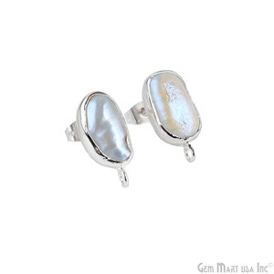 May include: A pair of pearl stud earrings. Each earring features a lustrous, irregularly shaped white pearl set in a silver-toned bezel. A small loop is attached at the bottom of each earring.