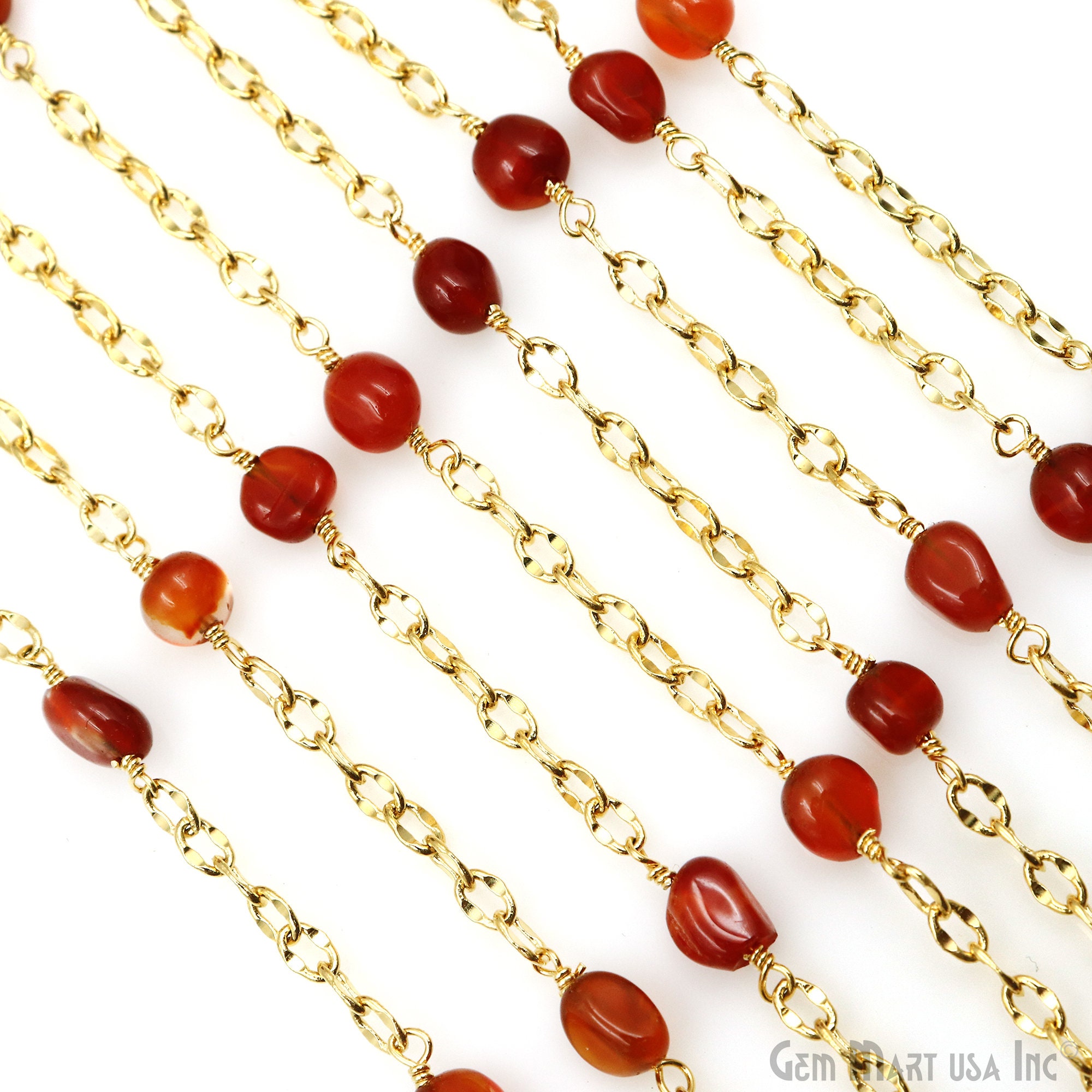 Carnelian Tumble Beads Rosary Chain, 8x5mm Carnelian Gemstone Tumble Beads  Necklace, Gold Plated Rosary Chain Gemmartusa GPCN-30250 