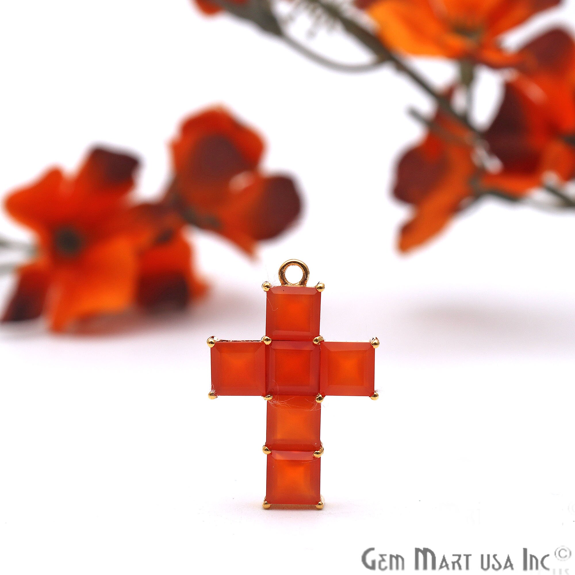 Carnelian Cross Shaped Pendant Square Gemstones Faceted Gemstone Prong Setting Gold Plated Pendant Gemstone Connector GPCN 50373