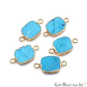 May include: Five turquoise blue gemstone connector pieces with gold-toned metal accents. Each piece has two loops for attaching to jewelry.