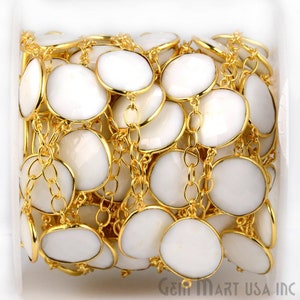 White Agate Bezel Connector Chain, Gold Plated Gemstone Chain, Bracelet Chain, Mix Connectors, By Foot, Size 15mm (GPWA-20003)
