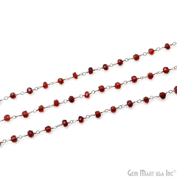 Garnet Beaded Rosary Chain, Round Beads, Silver Plated Rosary Chain, Garnet Gemstones, Connector Chain, DIY Jewelry 3-3.5MM, SPGT-30004