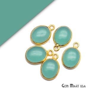 Aqua Chalcedony Gemstone Drop Connector, Gold Plated, Single Bail, Oval Bezel Connector, Glitter Charm, Gemstone Size 10x8mm (AD-10583)