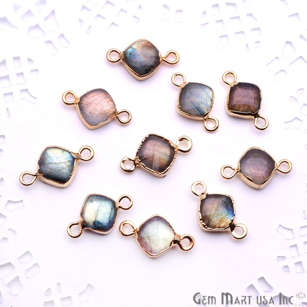 Connecteur labradorite, Coussin, Pierres précieuses, Double écrou, Plaqué or, Pierres précieuses flashy, 8 mm, Bracelets pendentifs, GemMartUSA (LEB-10373)