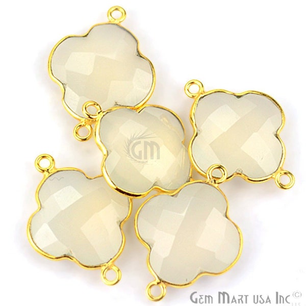 White Chalcedony Bezel Clover Shape Connector, 16x22mm Clover 24k Gold Plated Double Bail GemMartUSA (WC-10239)