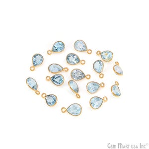 6x9mm Pears Blue Topaz Bezel Charm Connector, Tiny Gold Plated Gemstone Link for Jewelry Making, DIY Jewelry Supplies, BT-10287