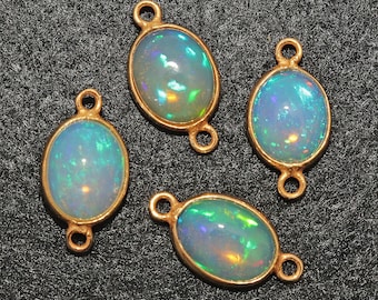 Ethiopian Opal Cabochon Connector, Double Bail Charm, Gold Bezel Connector, 8x10mm Oval Shaped, Bracelets Charm, GemMartUSA (OP-10649)