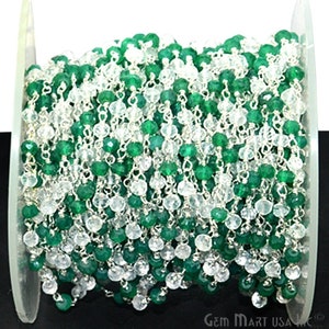 Green Onyx with Crystal beads rosary chain 3-3.5mm Silver Plated wire wrapped Stone rosary Chain GemMartUSA (SPGO-30058)