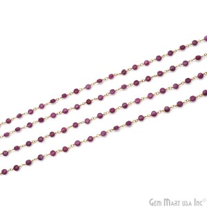 Ruby Beads Gold Rosary Chain, 3-4 mm Faceted Coin Beads, Gold Plated Wire Wrapped Rosary Chain, GemMartUSA  (GPRB-30135)