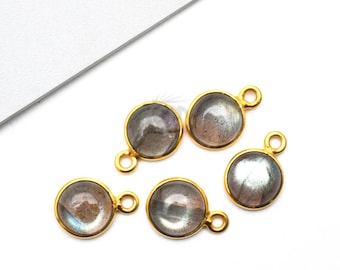 Labradorite Cabochon Connector, 10mm Round Gold Plated Connector, Gemstone Connector, Jewelry Making Supplies (LB-10708)