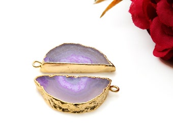 Agate Slice Earring Supplies, 31x17mm, DIY Geode Earring, Gold Electroplated, Boho Gemstone Earring, Earring Making Connector (DPER-93009)