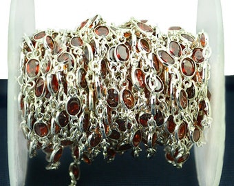 One Foot Garnet Zircon, 5x4mm Oval Silver Plated Bezel Continuous Connector Chain by Foot. GemMartUSA (spgt-20008)