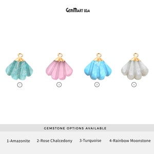 May include: Four gemstone shell charms in different colors: turquoise, pink, light blue, and white. The charms are labeled 1-Amazonite, 2-Rose Chalcedony, 3-Turquoise, and 4-Rainbow Moonstone.