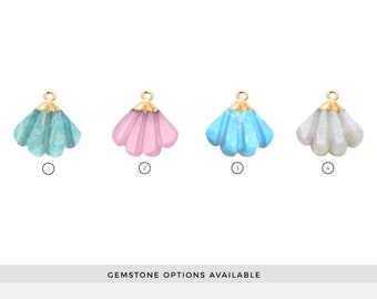 May include: Four gemstone shell charms in different colors: turquoise, pink, light blue, and white. The charms are labeled 1-Amazonite, 2-Rose Chalcedony, 3-Turquoise, and 4-Rainbow Moonstone.