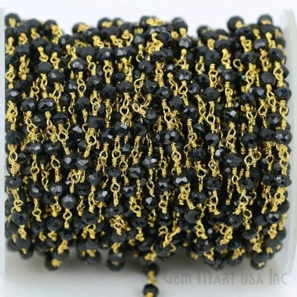 Black Spinel, 3-3.5mm Rosary Bead Chain, Gold Plated, Silver or Gunmetal Wire Wrapped Link Chain, Jewelry making supplies (30002)