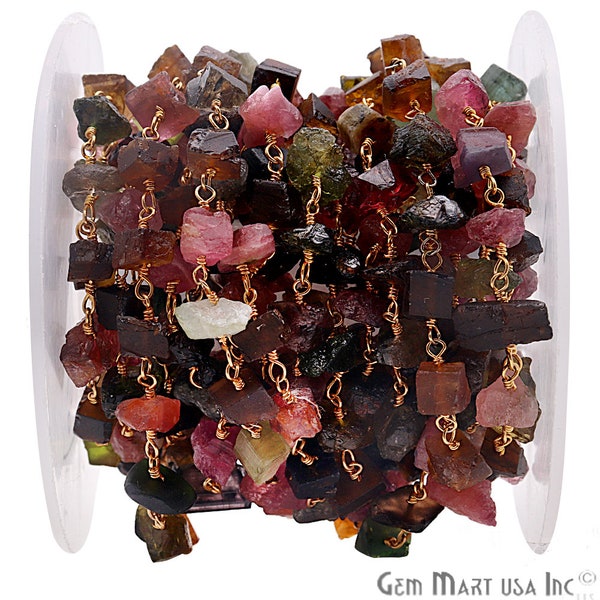Rough Multi Tourmaline Rosary, Nugget Rosary Chain, Beaded Chain, Watermelon Tourmaline, Wire Wrapped, Gold Chain, GemMartUSA (GPMT-30040)