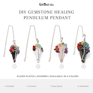 May include: Four silver plated gemstone healing pendulum pendants with a tree of life design. The pendants are available in amethyst, scolosite, rose quartz, and labradorite. Each pendant is 61mm x 23mm.