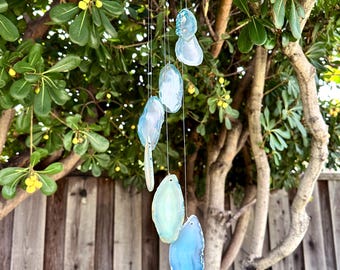 Teal Agate Slice Wind Chime, Natural Gemstone Wind Chime, Garden Décor, Home Décor, Melodic Tones, GemMartUSA (WIND-10008)