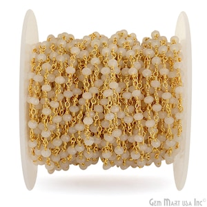 Weißer Chalcedon Perlenkette, 3-3,5 mm rund facettiert, vergoldete Gliederkette, Armband Versorgung Kristallperlen, Kette zu Fuß, GemMartUSA (GPWC-30002)