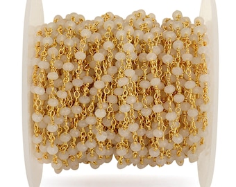 White Chalcedony Bead Chain,3-3.5mm Round Faceted,Gold Plated Link Chain,Bracelet Supply Crystal Beads,Chain by foot,GemMartUSA (GPWC-30002)