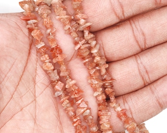 Sunstone Chip Beads, 34 Inch, Natural Chip Strands, Drilled Strung Nugget Beads, 3-7mm, Polished, GemMartUSA (CHSN-70001)