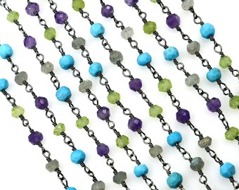 Multi Stone, 3-3.5mm Rosary Bead Chain, Black Plated, Handmade Link Chain, Jewelry Making Supplies, GemMartUSA (bpmx-30002)