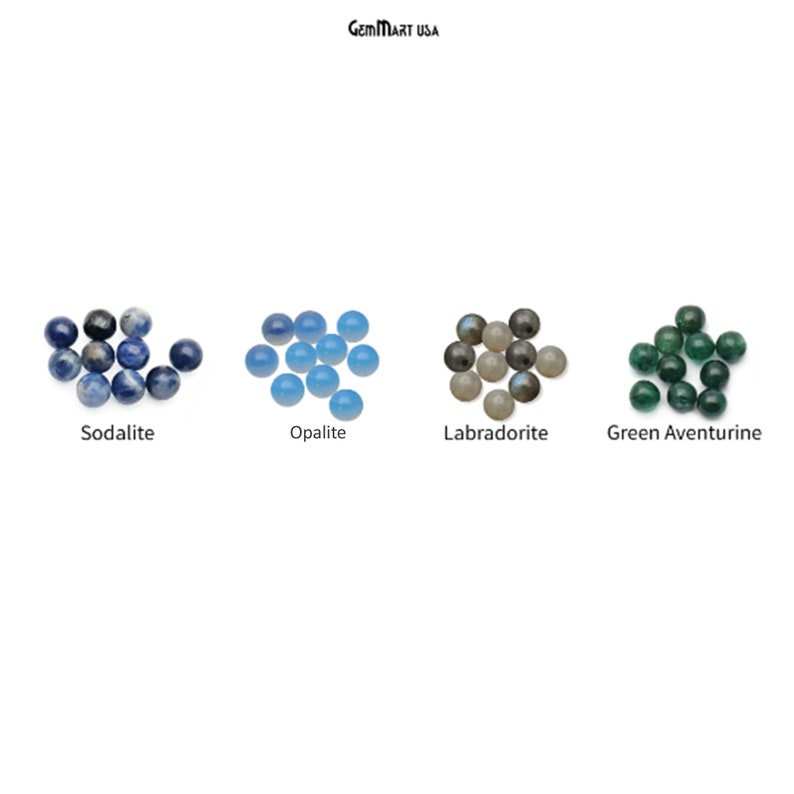 May include: Four groups of round, polished gemstones. From left to right: Sodalite, a deep blue color; Opalite, a light blue color; Labradorite, a gray color with hints of blue and green; Green Aventurine, a green color.