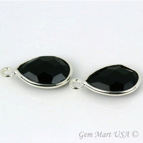 Black Onyx  Pear Shape Bezel Connector, Silver Plated, Single Bail Connector, Black Onyx Gemstone, Jewelry Supply, GemMartUSA (BO-10121)