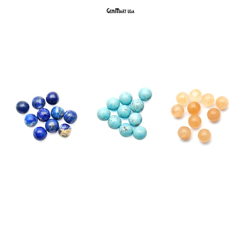 May include: Three groups of round gemstone beads. The first group is blue lapis lazuli, the second group is turquoise, and the third group is light orange carnelian.