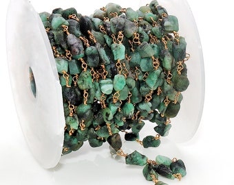 Chaîne de chapelet, chaîne de chapelet pépite, chaîne de perles émeraude, chaîne de chapelet de pierres précieuses, chaîne de perles, chaîne en or, perle brute, GemMartUSA (GPEM-30040)