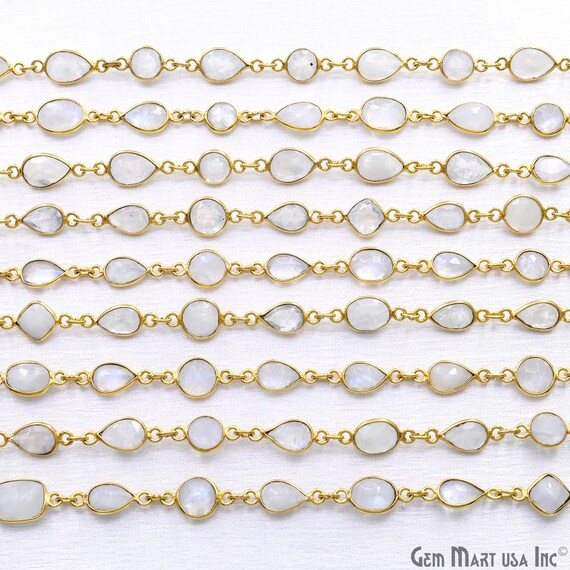 One foot Rainbow moonstone connector chain, 10mm gold plated continuous connector link chain (GPRM-20009)