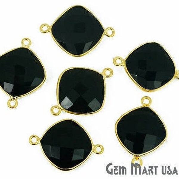 Natural Black Onyx, Bezel Cushion Shape Connector, 14mm Cushion 24K Gold Plated, Double Bail GemMartUSA (BO-10134)