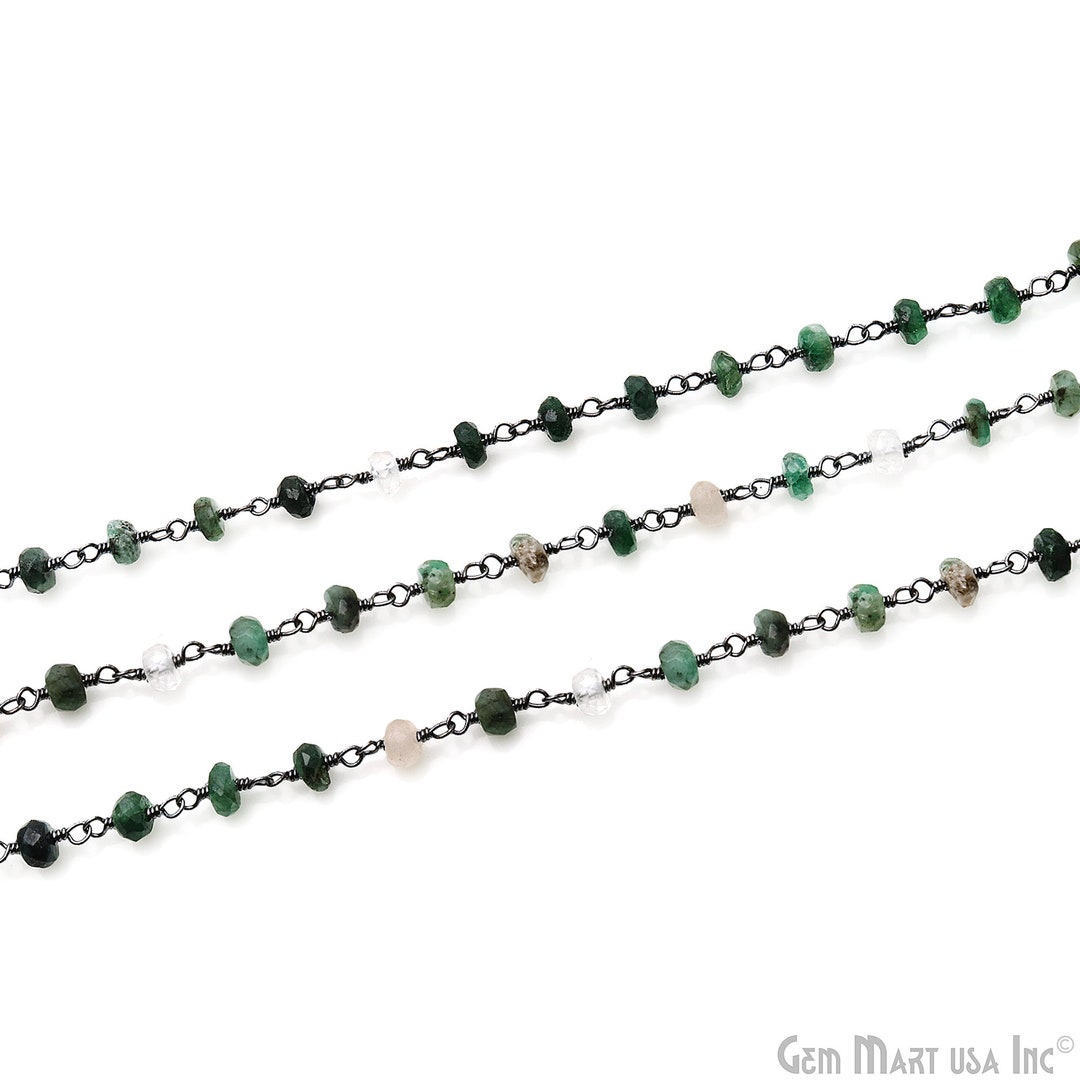 Emerald Chain, Rosary Chain, Black Plated, Faceted Bead Chains, Tiny