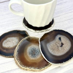 Black Agate Slice Coaster, Natural Gemstone Coaster, Rock & Crystal Coaster, Organic/Silver/Gold Plated Drinkware, GemMartUSA (BKCO)