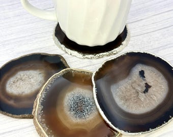 Sous-bock en tranches d'agate noire, sous-bock en pierres précieuses naturelles, sous-bock en cristal et roche, verres bio/argent/plaqué or, GemMartUSA (BKCO)