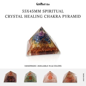 May include: A 55x45mm crystal healing chakra pyramid with seven layers of different colored crystals. The pyramid is handmade and available in 16 colors. The image shows a pyramid with amethyst, lapis lazuli, green aventurine, citrine, carnelian, red jasper, and root chakra crystals.
