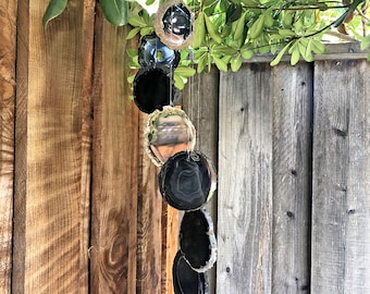 Black Agate Slice Wind Chime, Natural Gemstone Wind Chime, Garden Décor, Home Décor, Melodic Tones, GemMartUSA (WIND-10009)