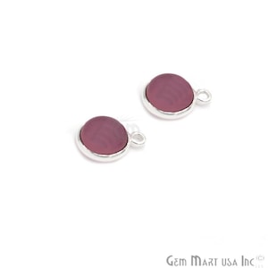 Rose Chalcedony Gemstone Drop Connector, Silver Plated, Single Bail, Round Bezel Connector, Glitter Charm, Gemstone Size 8mm (RC-10707)