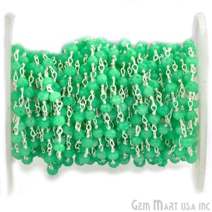 Grün Chalcedon Perlen Rosenkranz Kette, 3-3.5 mm Sterling Silber Draht gewickelt Stein Rosenkranz Kette (925GC-30002)
