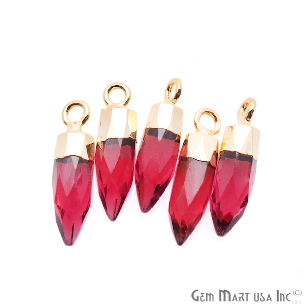 Pink Tourmaline Spike Pendant Charm, Gold Electroplated & Bail Bullet Connector, Edgy Pointed Tooth Charms, 17X5mm, GemMartUSA, GPTO-50102