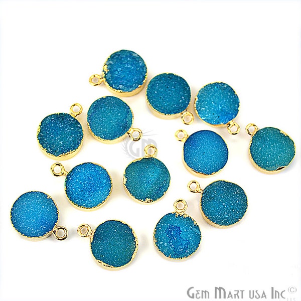 22k Gold Electroplated Light Sea Blue Druzy Connector, 12mm Round Shape Druzy Gemstone Connector Pendant 1pc (GEB-11090)