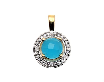 Sky Blue Chalcedony, Cubic Zircon Pave Diamond, Round Pave Pendant, Gemstone Pendant, Chalcedony Aura, Gemmartusa (VPSB-50120)