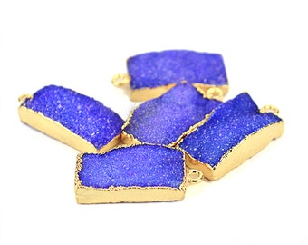 Blue Druzy Connector, 10x20mm Rectangle Shape 22k Gold Electroplated Single Bail Link Druzy Connector Pendant 1pc (BEZ-11215)