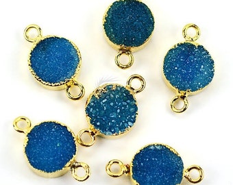 22k Gold Electroplated Light Blue Druzy Connector, 10mm Round Shape Druzy Gemstone Connector Pendant 1pc (LEZ-11155)